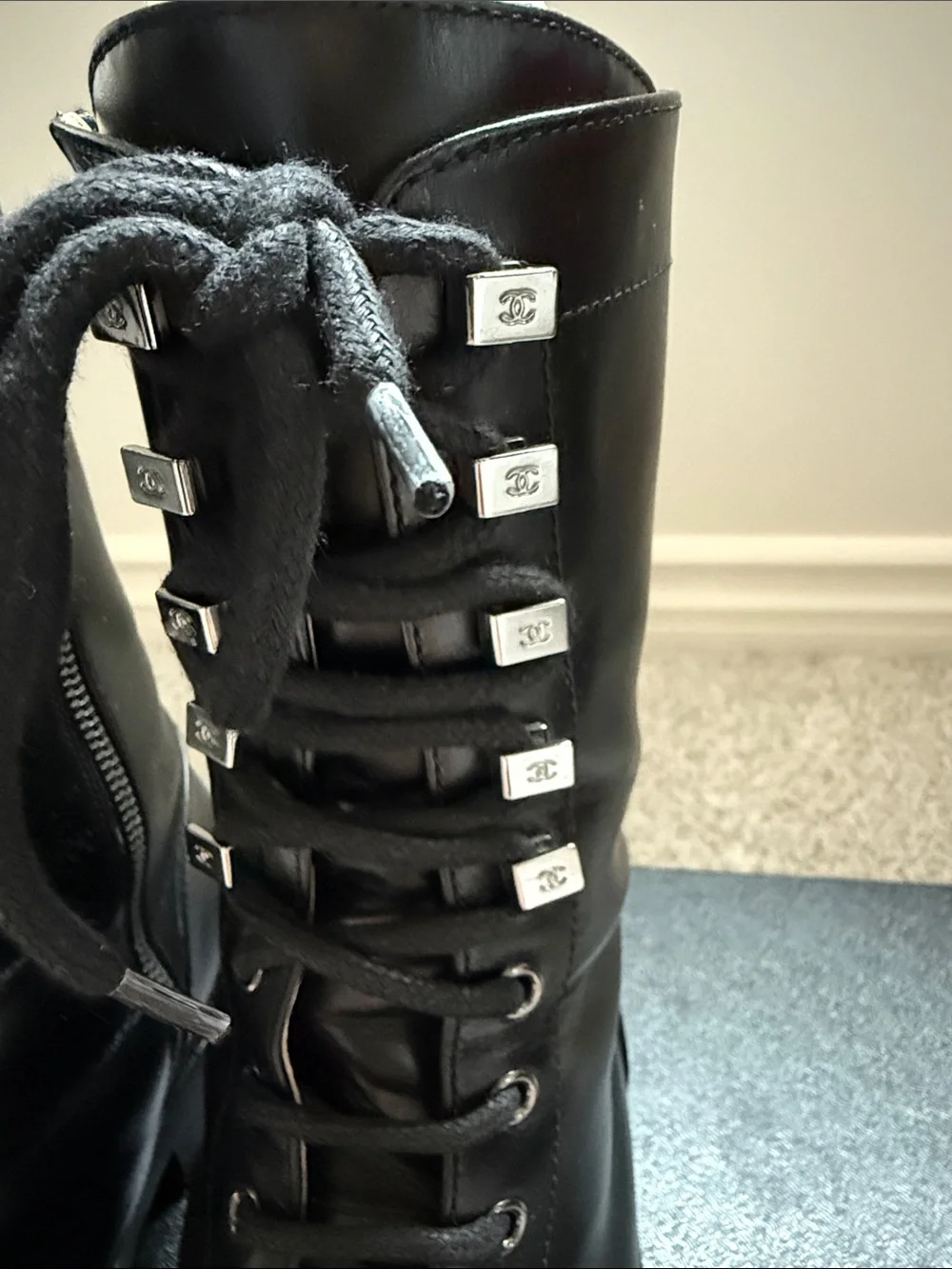 Chanel 19A Black Leather Lace Up Combat Boots 38.5
